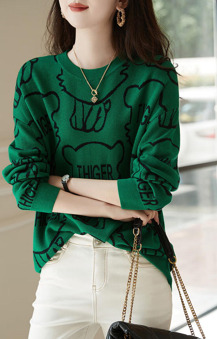 Dme [Containing Wool Letter Knit Sweater], Spring And Autumn Round Neck Drop-Shoulder Long-Sleeve Sweater for Women, Knitted Pullover 9