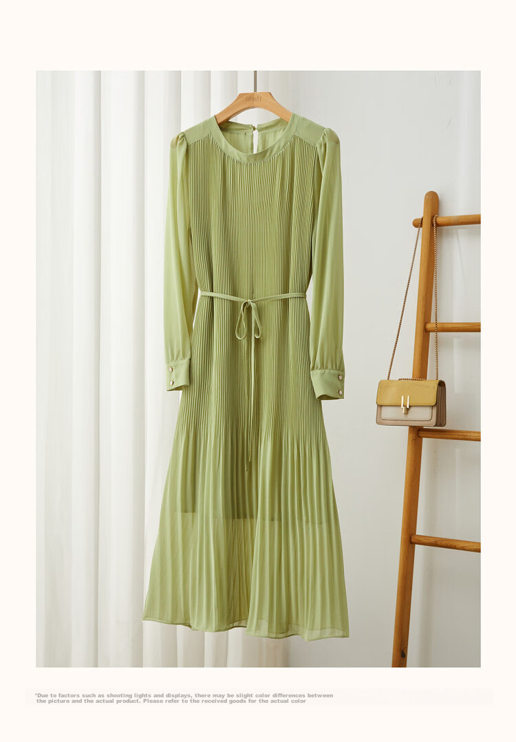 Dme [Waving Sleeve to Capture Fairy Dust] Spring And Autumn Round Neck Pleated Puff Sleeve Waist-Cinching Tie A-Line Dress for Women, Mid-Length Style 10