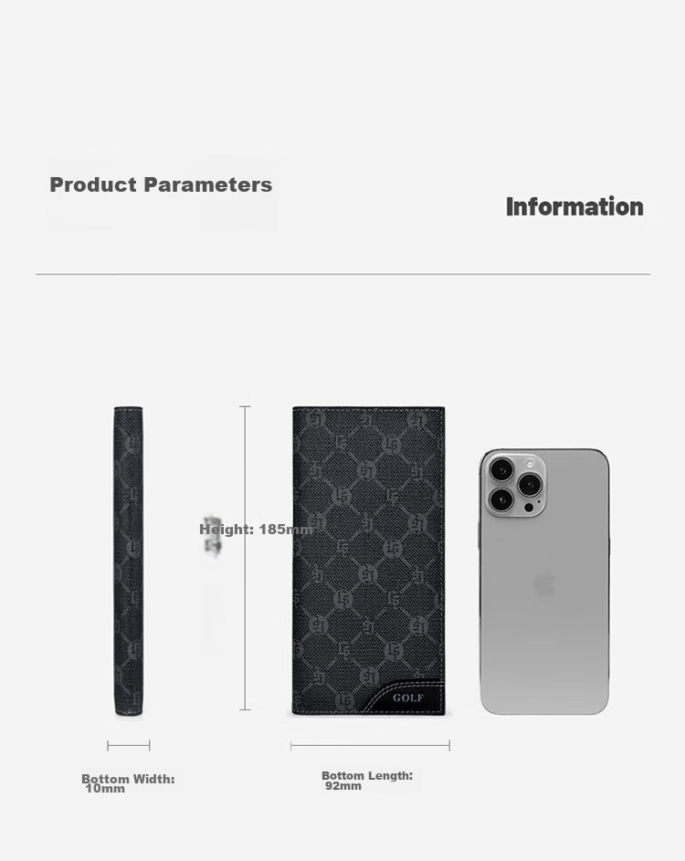 GOLF Men's Wallet, Multi-Card Slots, Long Wallet, Vintage Printed Design, 11 Card Slots, Casual Large Capacity Leather Wallet, Horizontal Style Billfold, Business Money Clip, 5V768385J, Black 11