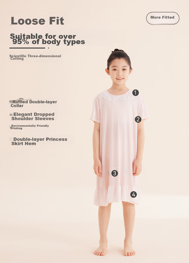 Hodo Children's Pajamas, Girls' Nightgown, Short-Sleeve Loungewear for Spring And Summer, Thin Silk Princess Dress, Q3016, Light Pink, Size 150 5