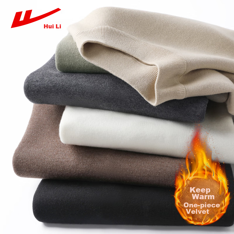 Huili All-Over Fleece Sweater for Men, Autumn And Winter High-End Round Neck Warm Base Layer Knit Top, Black, 4XL