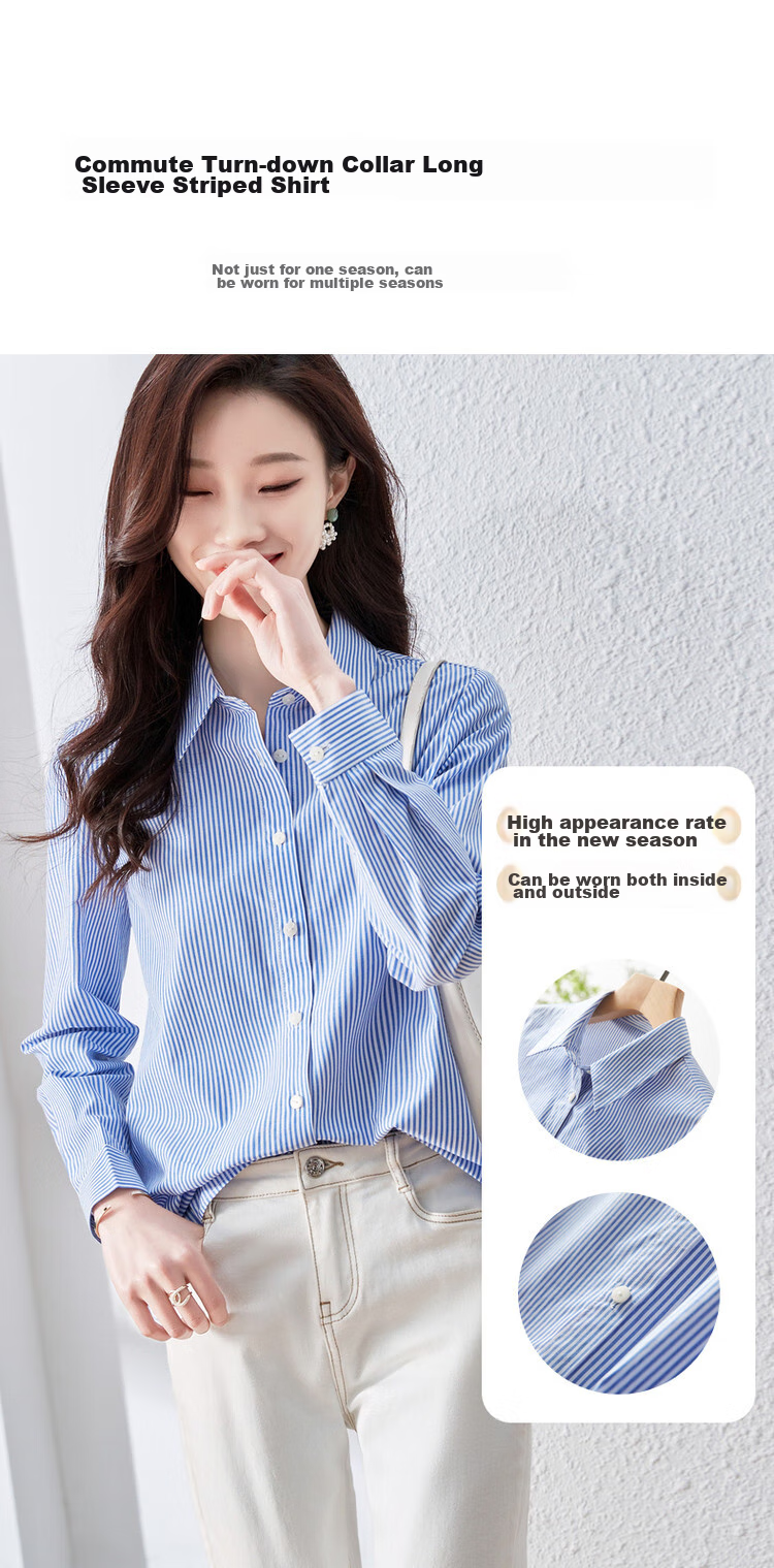 Dme [Career] Spring And Autumn Breathable Simple Lapel Shirt, Long Sleeve Fitted Blouse for Women, Top, Striped, S 2