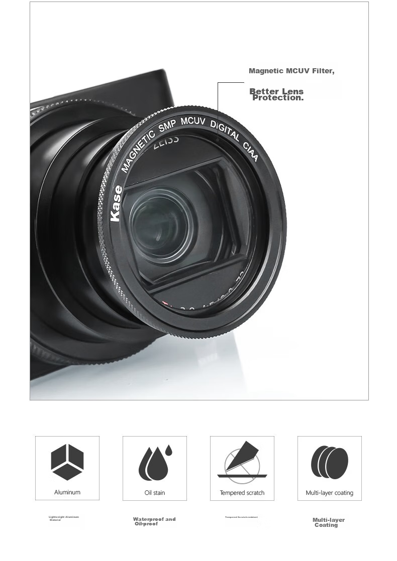Kase Sony RX100 Black Card M7 M6 M5, Ricoh GR4 GR3, Panasonic Lx10 MCUV Lens, Protective Filter, Magnetic MCUV Lens + Adapter Ring 10