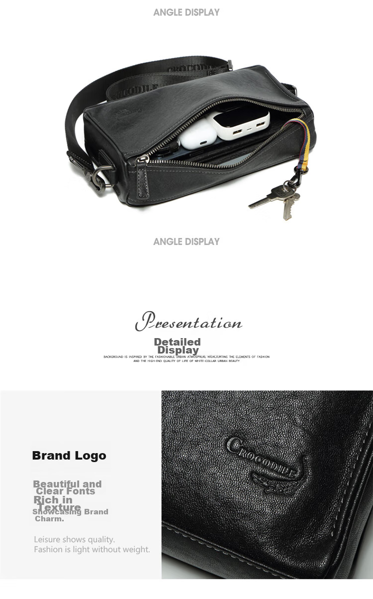 CROCODILE Men's Handbag, Top-Grain Leather Messenger Bag, Trendy Retro Horizontal Crossbody Bag, Birthday Gift for Boyfriend, 1363 19