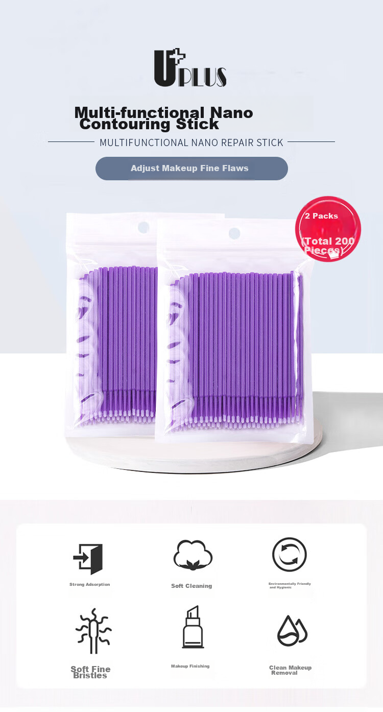 UPLUS Nano Cotton Swabs, Makeup Cotton Swabs, Thin Small Cotton Sticks, Purple, 200 Pieces, for Eye Makeup, Eye And Lip Line Detail Modificatio 1