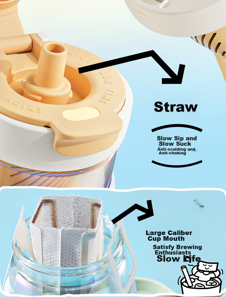 BABLOV Children's Straw Cup, Glass Water Bottle, Portable, Heat-Resistant, Student Tea Compartment Separable Cup, Anti-Scalding Cup Cover, 500ml 12