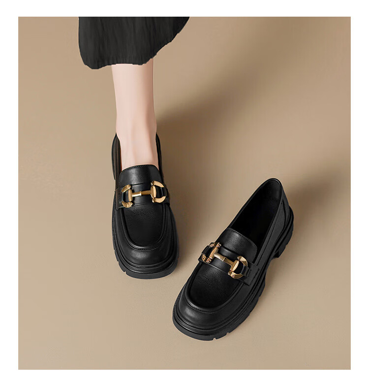 ZHR Women's Loafers, Soft-Soled Versatile Round-Toe Leather Shoes, British Style Chunky Heel Women's Shoes, OFTEP06, Black, Size 38 14