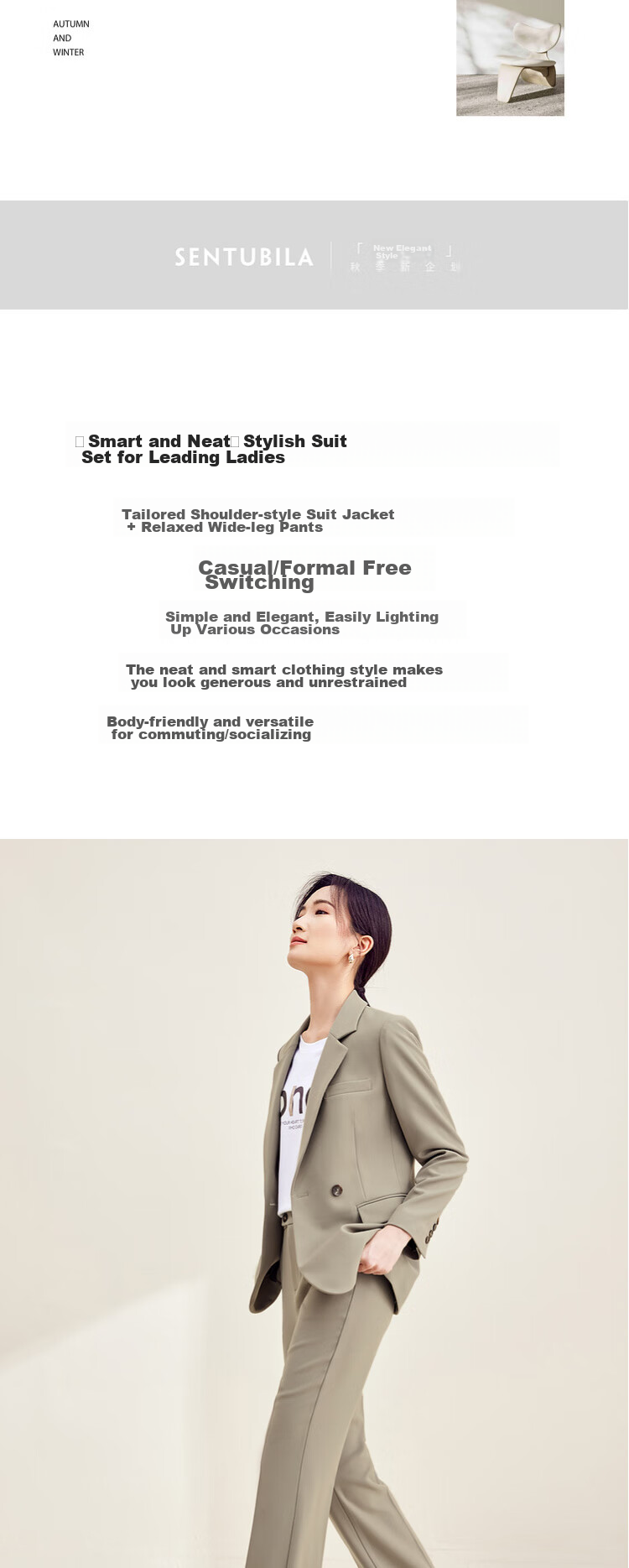 Sentubila Women's Professional Commuter Suit Set Spring Autumn Wrinkle-Resistant Non-Iron Blazer and Pants Two-Piece Interview Business Suit 2