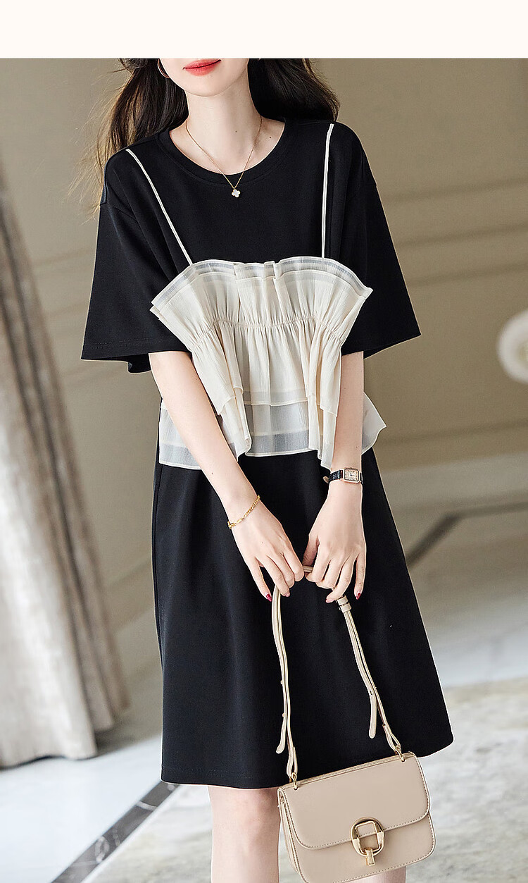 Dme [Light French Style Guide] Summer Round Neck Flowy Mesh Spliced Knit Gentle Knit Dress, Mid-Length for Wome 11