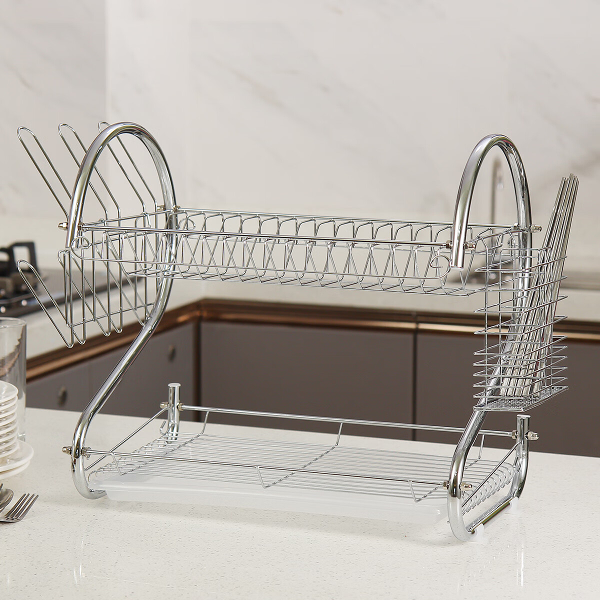 Ourunzhe Bowl And Plate Rack, S-Shaped Double-Layer Kitchen Dish Storage Rack, Draining Bowl Holder, Chopstick Stand, Dish And Plate Organizer