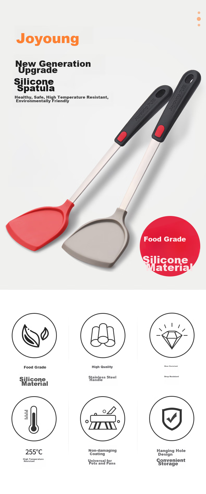 Joyoung Silicone Spatula, Non-Stick Pan Wok Frying Pan Flat Bottom Pan Specialized Cooking Spatula, Gray CF-AS0329 1