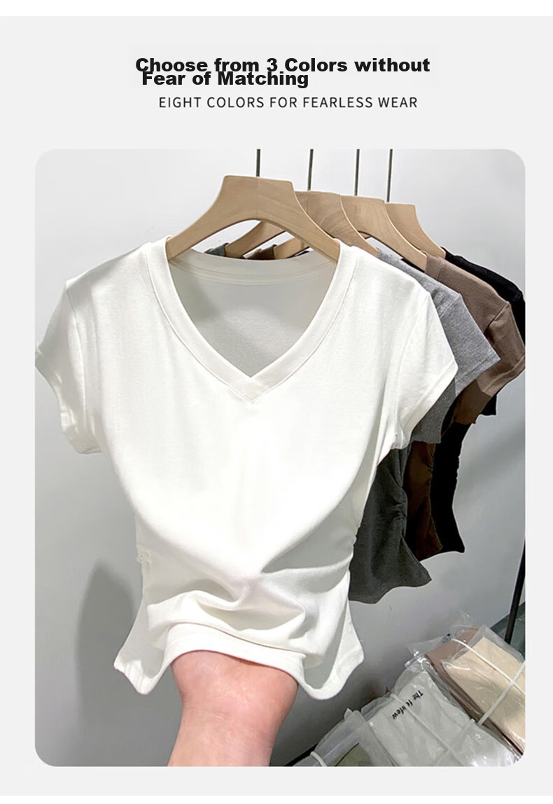 XUEXIMAN Women's Summer T-Shirt, Stylish And Simple Design, Slim Fit with Waist-Cinching V-Neck, Wrinkled High Cotton Short Sleeves for Wome 5