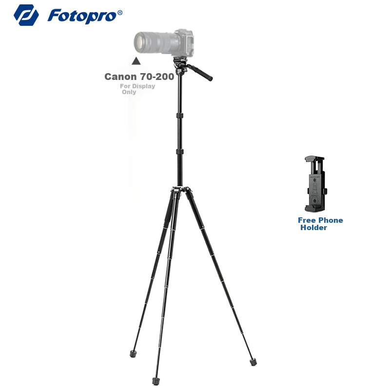Штатив Fotopro FY-830+MH-4A+SJ-86, алюминиевый сплав, 6 секций, максимальная высота 1.86 м, с головкой MH-4A, черный