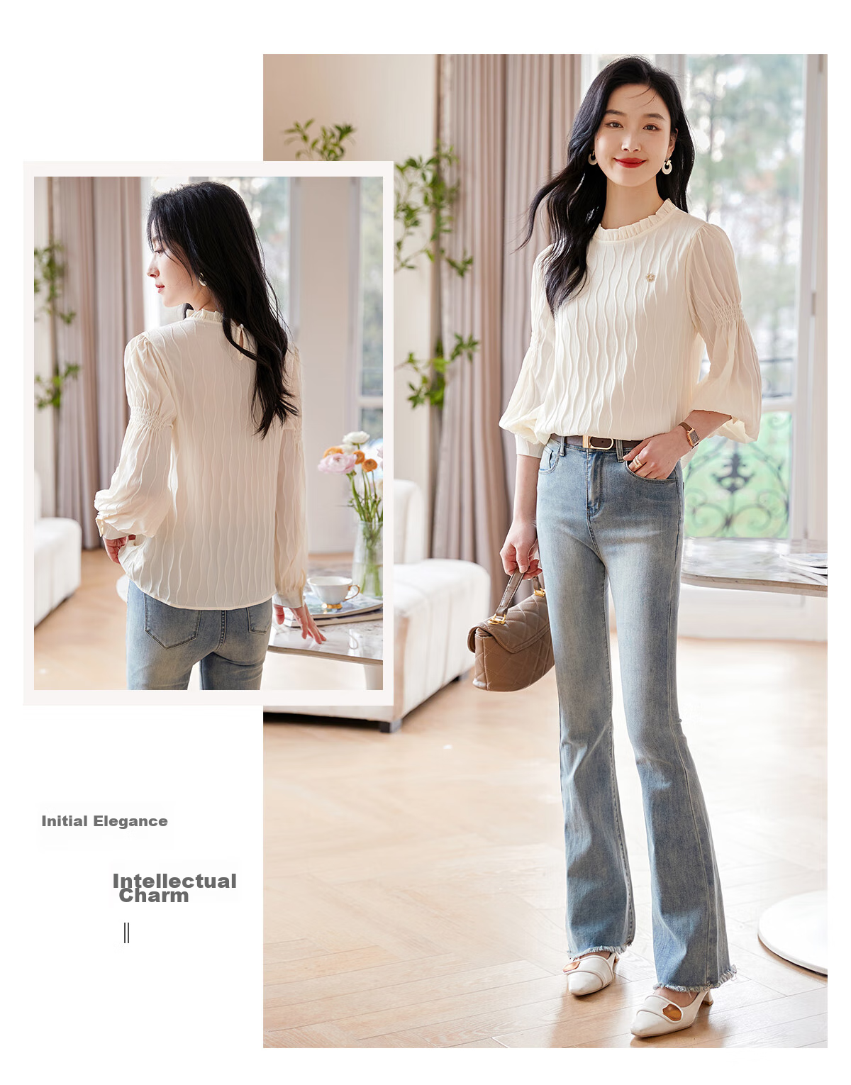 Chushen Spring And Autumn Long-Sleeve Blouse for Women, Fashionable Design with Small Stand-Up Collar, Chiffon Blouse S141C2876 Beige L 16