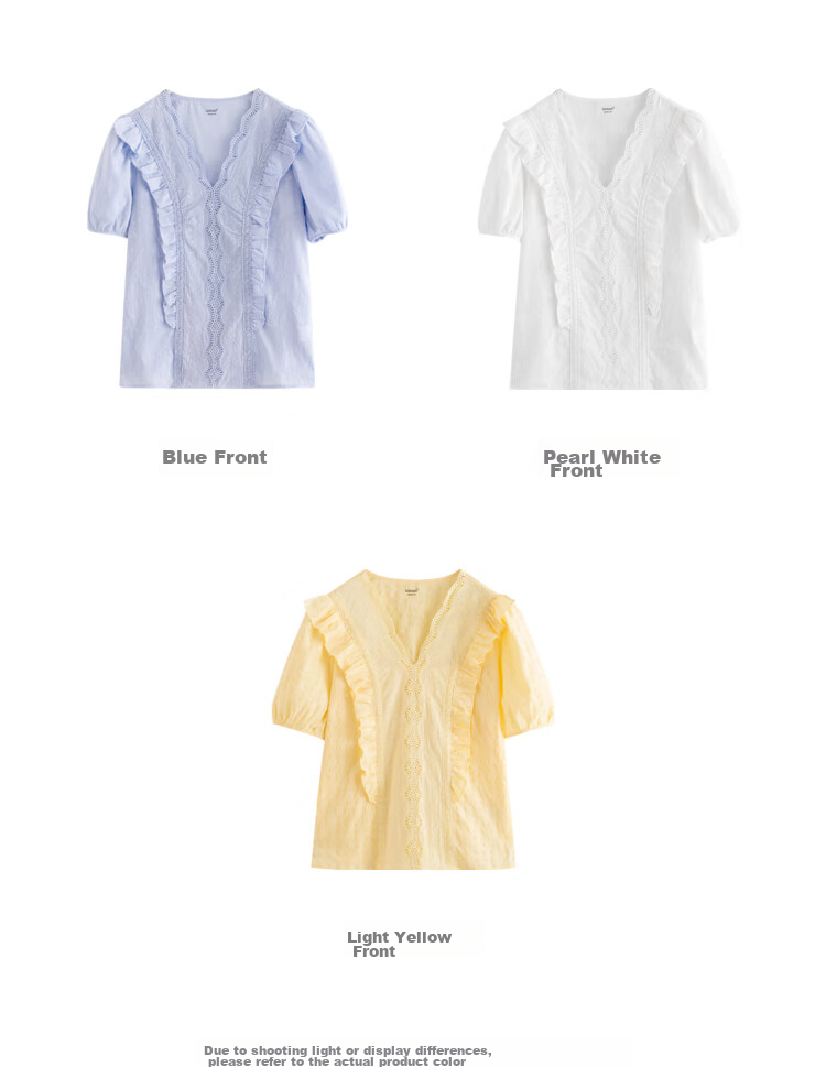 INMAN INMAN Lace Pure Color V-Neck Blouse, 2026 Summer New Arrival, Puff Sleeve Short-Sleeve Top, Pearl White, XL 59