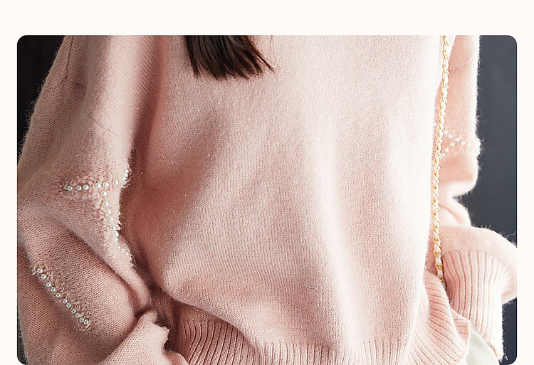 Dme Elegant Winter Round Neck Long Sleeve Sweater for Women with Beaded Jacquard Design, Fashionable Knit Top, Light Pink, Size S 4
