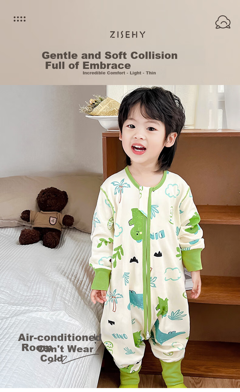 Zisehuayu [100% Pure Cotton] Baby Split-Leg Sleeping Bag, Children's Spring And Autumn Pajamas, Boys' Anti-Kick Blanket Sleeping Bag, Green, Size 130 1
