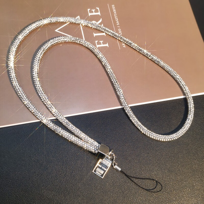 Dipuer Phone Chain Lanyard, Long Luxury Diamond Chain, High-End Anti-Loss Strap, Phone Neck Strap, Stainless Steel Clip, Patch, Women's Style [Silver Diamond Chain] 8