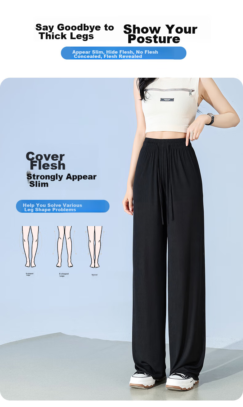 FitonTon Ice Silk Wide-Leg Pants for Women, Summer Lightweight High-Waist Draping Trousers, Loose Straight Casual Floor-Length Pants, Black, Size S 5