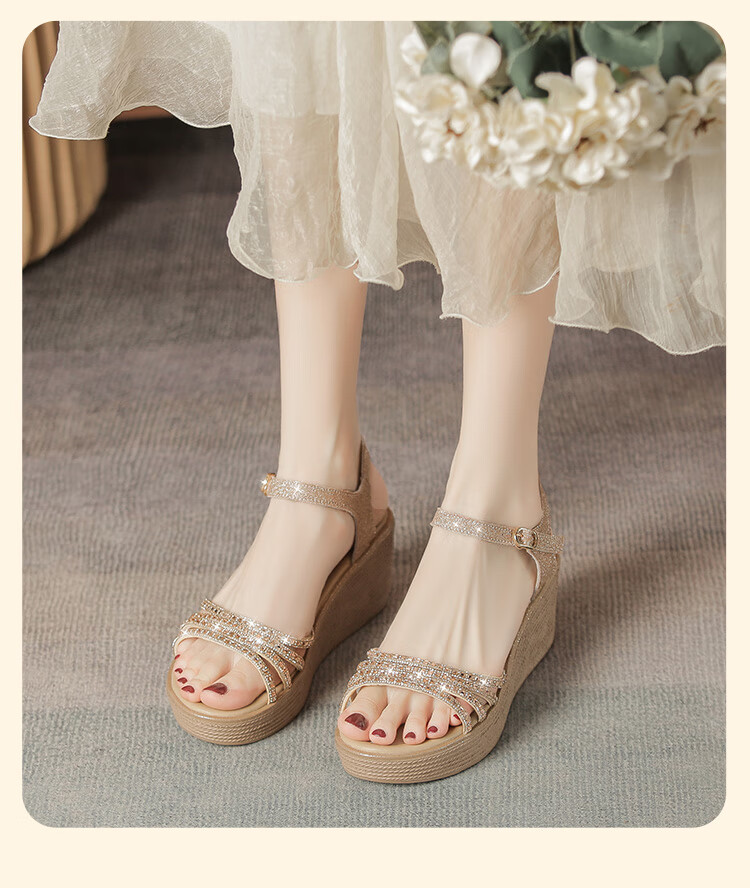 ZHR Women's Shoes, Summer Wedge Versatile Sandals, Fashionable Rhinestone Platform Slimming Beach Shoes for Women, AY161, Apricot Color, Size 35 24