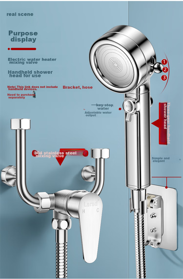 Larsd Electric Water Heater Mixing Valve, 304 Stainless Steel Shower Switch, Hot And Cold U-Shaped Valve, Surface-Mounted Shower Faucet, LD5223 4