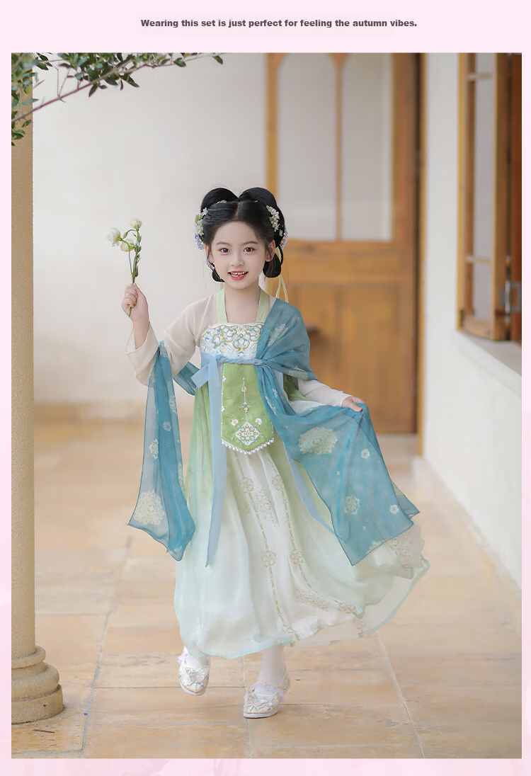 Qibo Hanfu Girls' Spring And Autumn 2026 New Style Children's Ancient-Style Ethereal Dress, Mountain Green without Shawl, Size 110 15