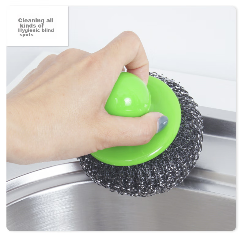 Fuaijia Long Handle Pot Scrubber, Steel Wool Cleaning Ball, Replaceable Steel Wire Ball, Pot Washing Brush Tool, 1 Handle with 6 Brush Heads 8