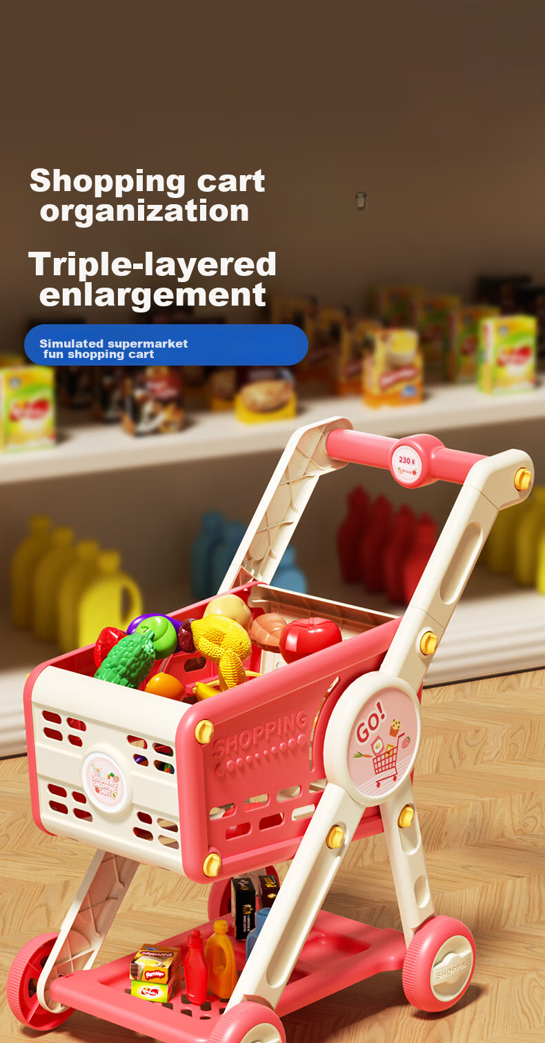 Dimoarch Shopping Cart Toy, Children's Pretend Play Storage, Realistic Fun Pushcart Simulation, Supermarket Vegetable And Fruit Set, 30 Pieces 1