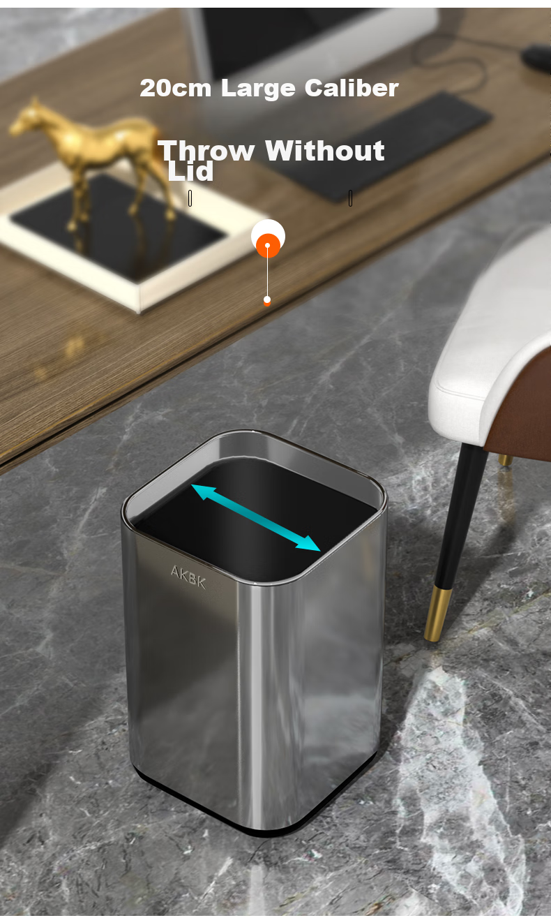 AKBK Stainless Steel Trash Can 15L Silver Large Square Bin for Living Room, Kitchen, Bathroom, Luxury Hotel, Office 4