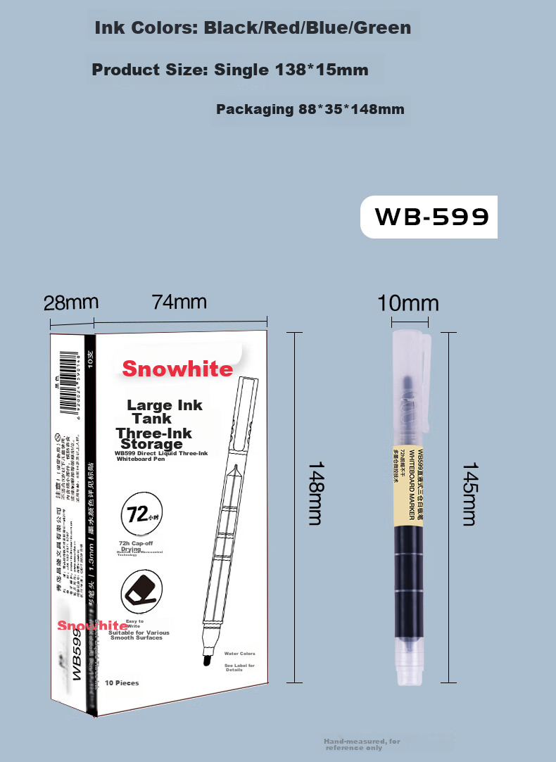 Snowhite Triple-Tank Whiteboard Marker, Large Capacity Thick Barrel, Erasable Colored Marker, Multi-Color Office Supplies, Super Writing WB-598, Black, 5 Pieces 15