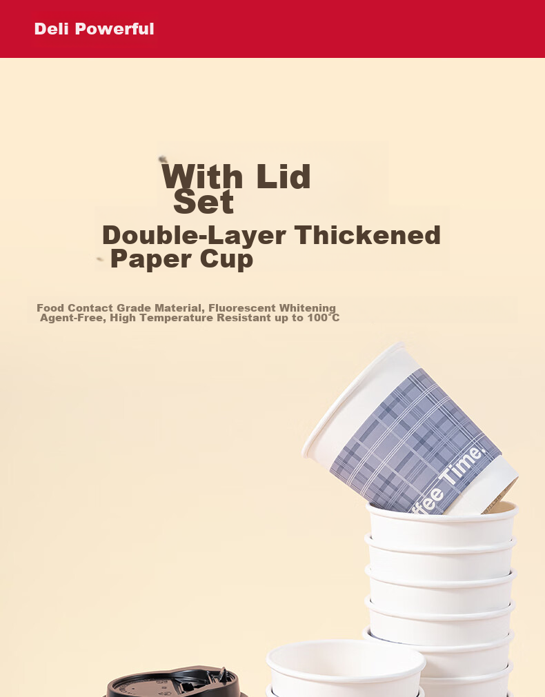 Deli 280ml Paper Cup with Lid/milk Tea Beverage Cup/coffee Cup, Disposable Double-Layer Thickened Water Cup, 50 Sets, LL216 1