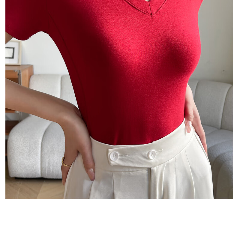 Langsha Women's Summer Short Sleeve V-Neck Slim Fit Modal Basic Top 25