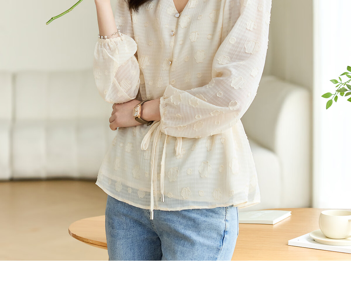 She Enjoy Long Sleeve V-Neck Puff Sleeve French Style Shirt Elegant Versatile Tie Waist Blouse T141C2665 1
