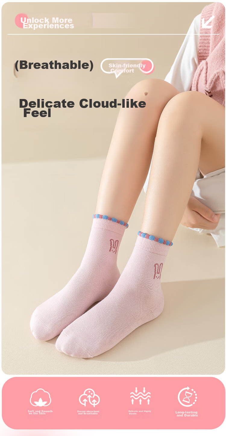 MiiOW Children's Socks, Girls' Socks, Autumn And Winter, Cute Baby Girl Socks for Older Children, Cotton Mid-Calf Socks, Colorful Rabbit Design, Size L 2