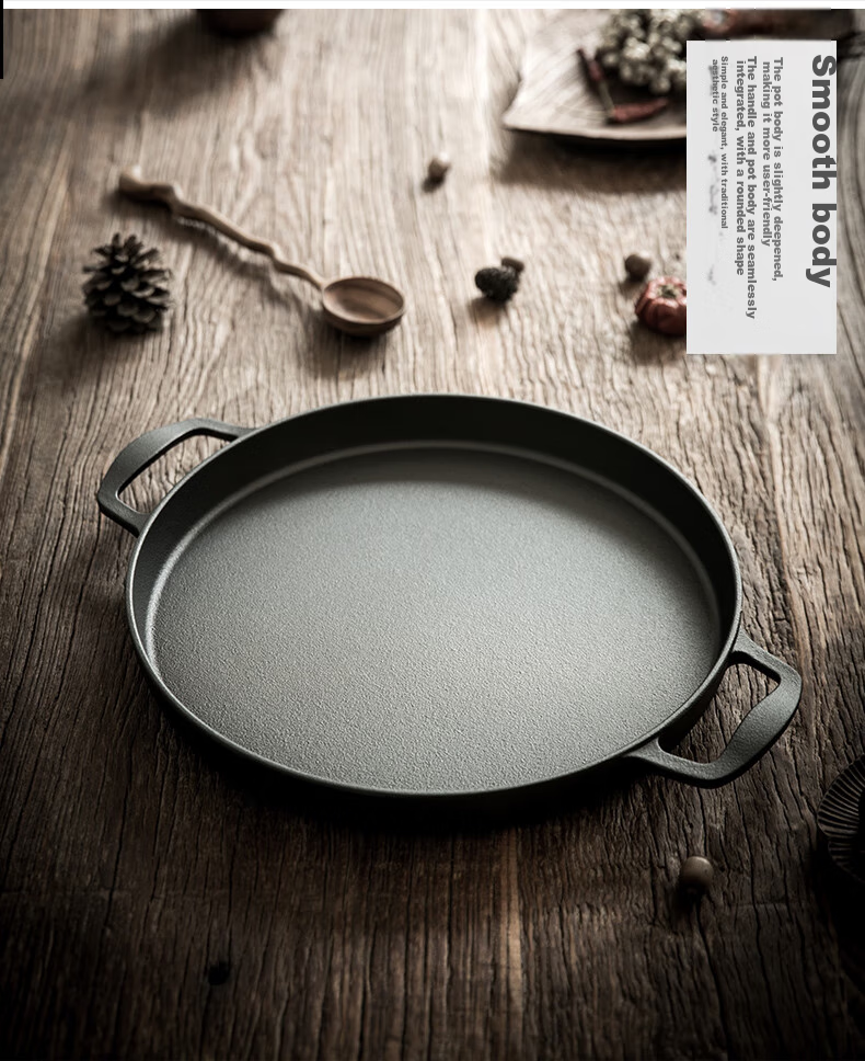 Dianjiang Cast Iron Frying Pan, Flat Bottom Pan, Outdoor Barbecue Plate, 34cm Uncoated Iron Plate, Grilled Meat And Steak Pan, Pancake Griddle 9