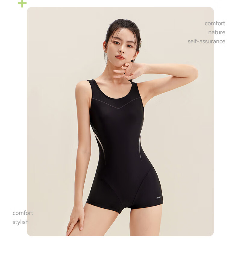 Li-Ning Women's One-Piece Swimsuit, Square Leg, Professional Sports, Push-Up, Tummy Control, Slimming, Hot Spring Resort Swimwear, 1251 Black M 12