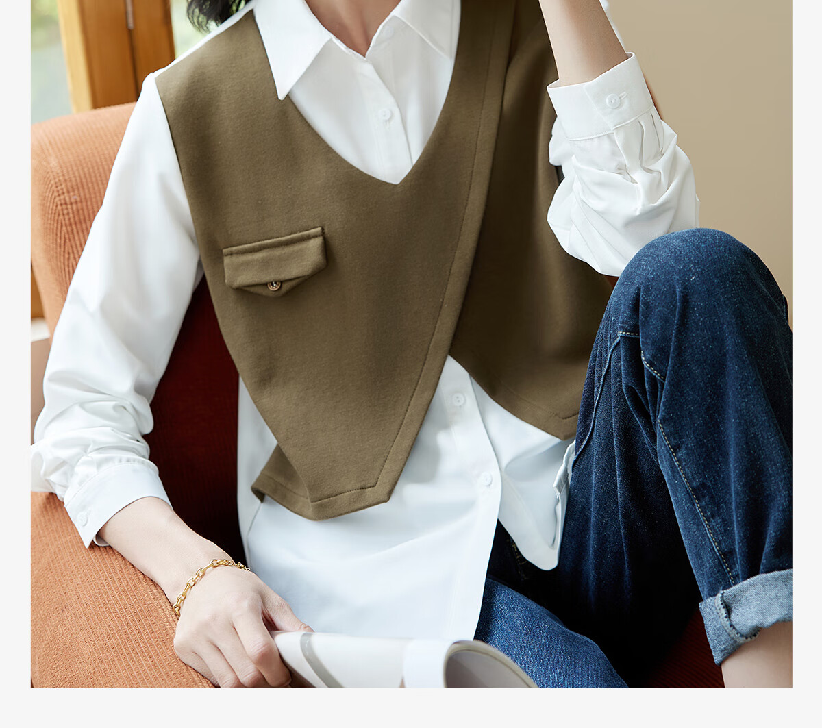 Chushen Women's Long-Sleeve Shirt with Contrasting Color Splicing Design, Fashionable Two-Piece Look for Work Commute S143C2026 1