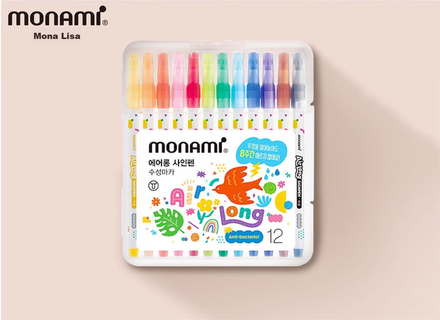 Monami AirLong Water-Based Pen, Anti-Drying Watercolor Pen, Outline Pen, Student Journal Coloring, 1.5mm Bright Color Series, 12-Color Set, 04047Z12 Watercolor Pens 1