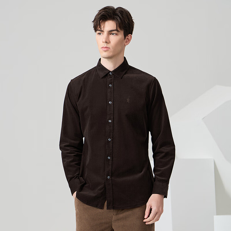 DANCING WOLVES Corduroy & Cotton Commuter Versatile Comfortable Men's Long Sleeve Shirt 302 Dark Coffee L(175)