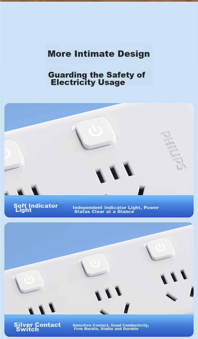 PHILIPS 5-Outlet Independent Switch, 2.8 Meters, Large Hole Spacing, Power Strip/cord Organizer/extension Cord Holder 11