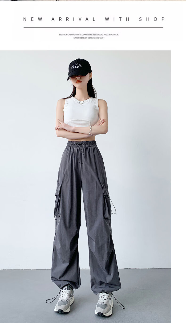 LangSha American-Style Parachute Cargo Pants for Women, Summer Ice Silk High-Waist Wide-Leg Loose Casual Quick-Dry Outdoor Sports Pants for Wome 22