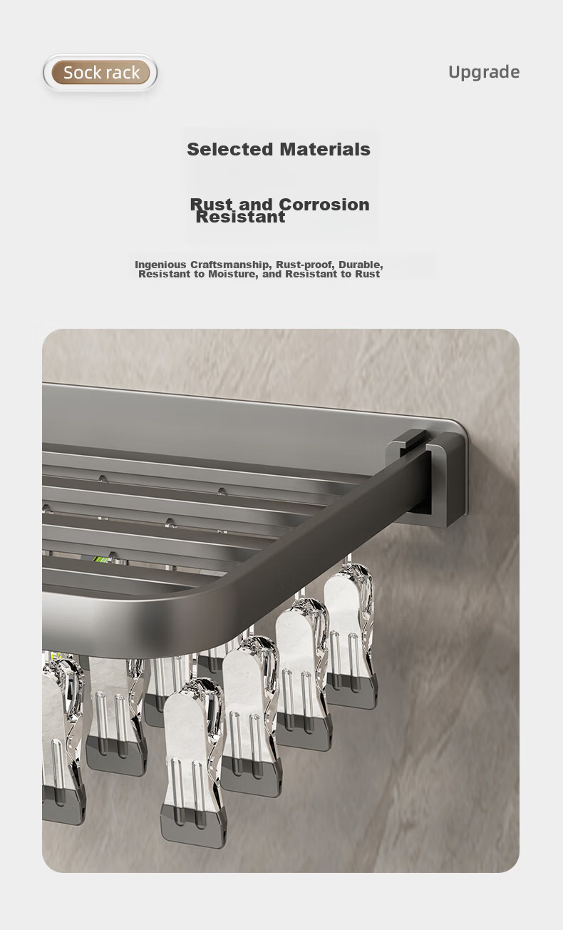 MUYA No-Drill Sock Hanger, Foldable Wall-Mounted Clothes Rack, Windproof Multi-Head 24 Clips, Space Aluminum Alloy with Oxidation Treatment 2