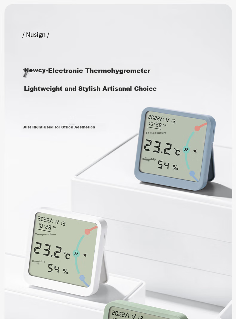 Deli Niusai Series Electronic Thermometer And Hygrometer with Wide Screen Display And Time Function, Metal Back Patch Included, Blue NS873 1