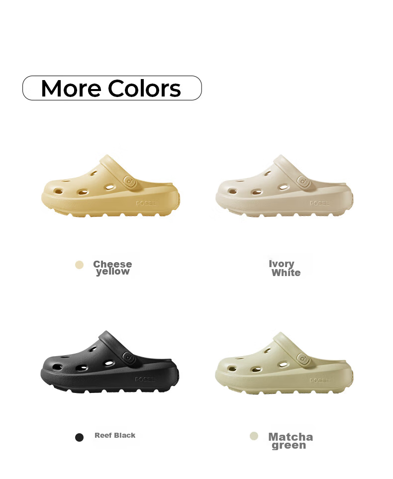 Poxi Cheese-Flavored Crocs-Style Perforated Shoes for Women, Thick-Soled Sandals, Beach Closed-Toe Slippers, Outdoor Wear for Couples, Reef Black, Size 42-43 16