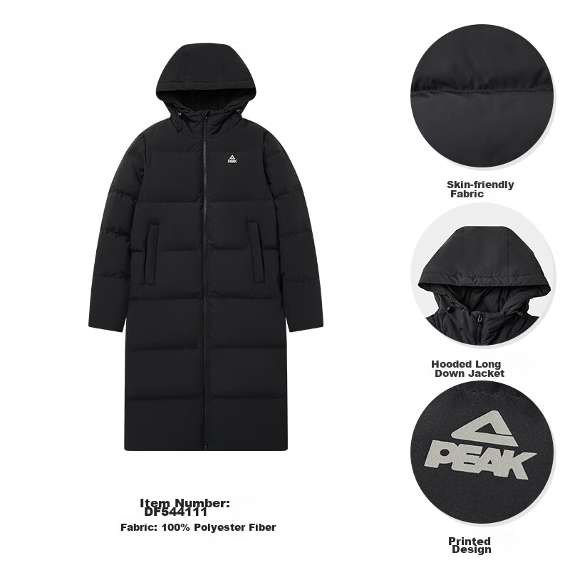PEAK Long down Jacket for Men, Spring Season, Triple Protection Technology, Warm, Windproof, Waterproof, Stain-Resistant, Hooded Sports Coat DF544111