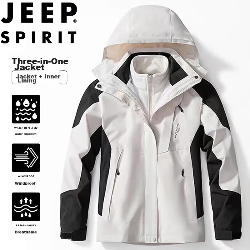 JEEP SPIRIT Men's Windbreaker Jacket for Spring, Autumn And Winter Outdoor Three-In Hooded Mountaineering Coat Beige XL