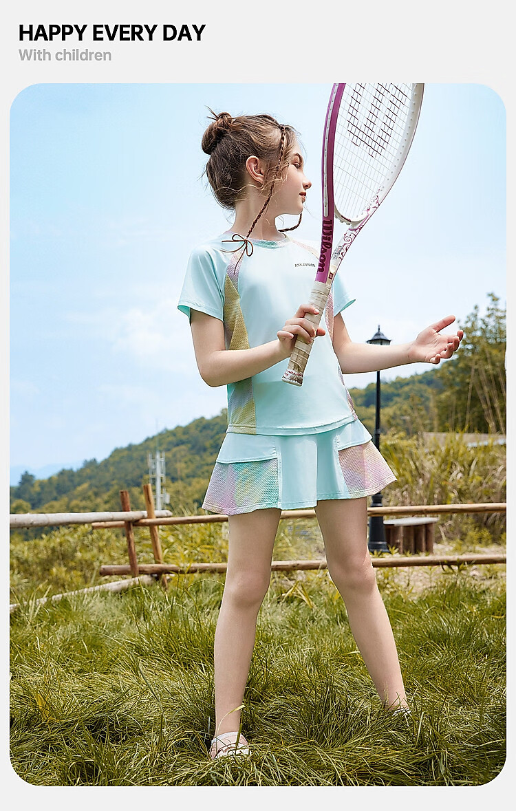 ASK JUNIOR Girls' Sports Set, Summer New Style, Lightweight Breathable Quick-Dry Short-Sleeve Top + Skirt, Ice-Cool Two-Piece Tennis Outfit 27