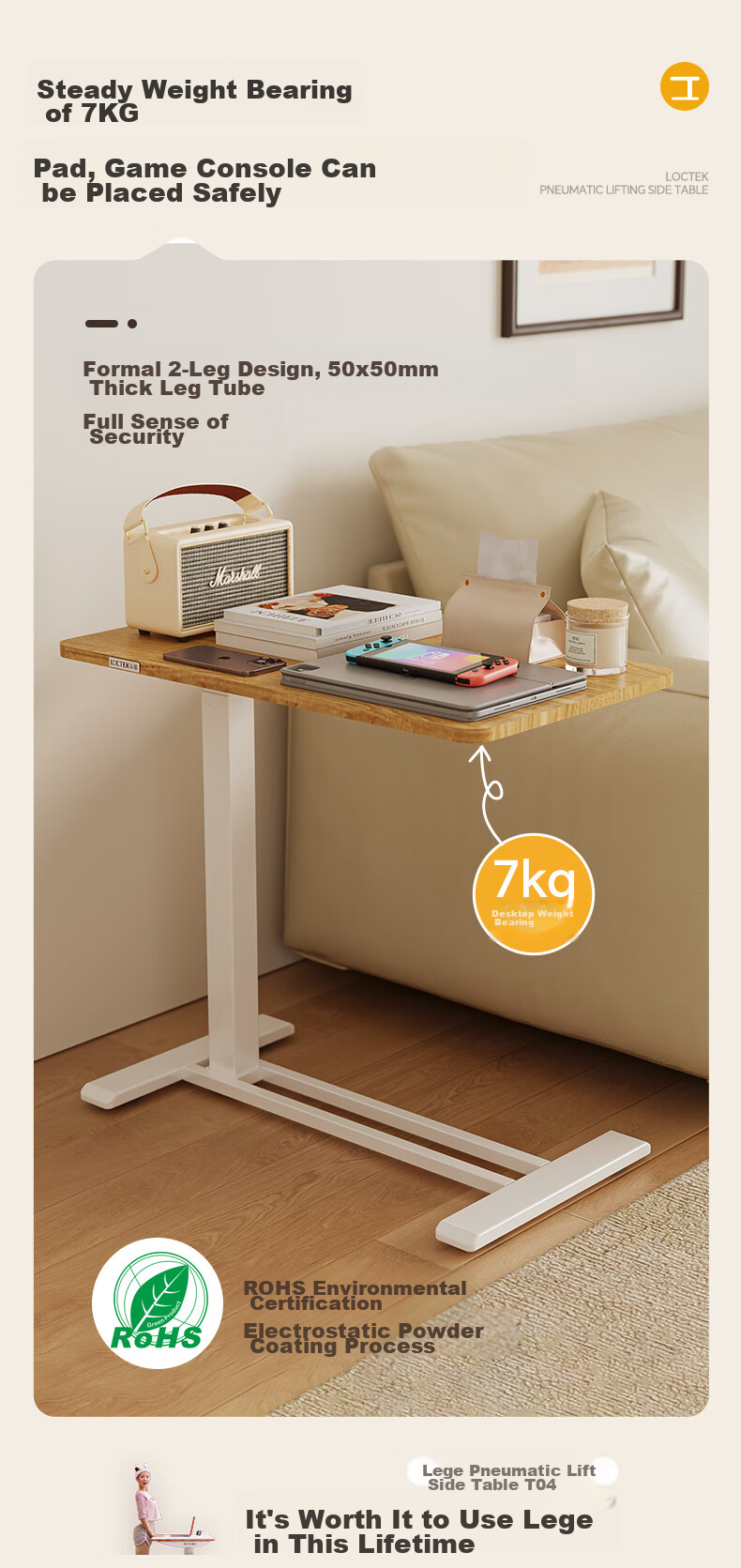 Loctek Bedside Table, Adjustable Height, Laptop Desk for Bed, Movable, Suitable for Home Use, Coffee Table with Flip-Top Design, T06 Elegant White 9