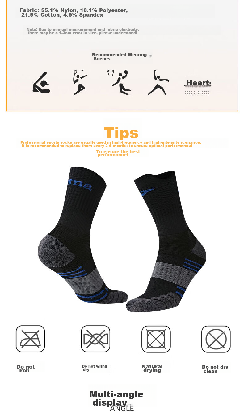JOMA Mid-Calf Sports Socks Breathable Sweat-Wicking Durable Running Training Basketball Badminton Socks Black One Size Fits All 23
