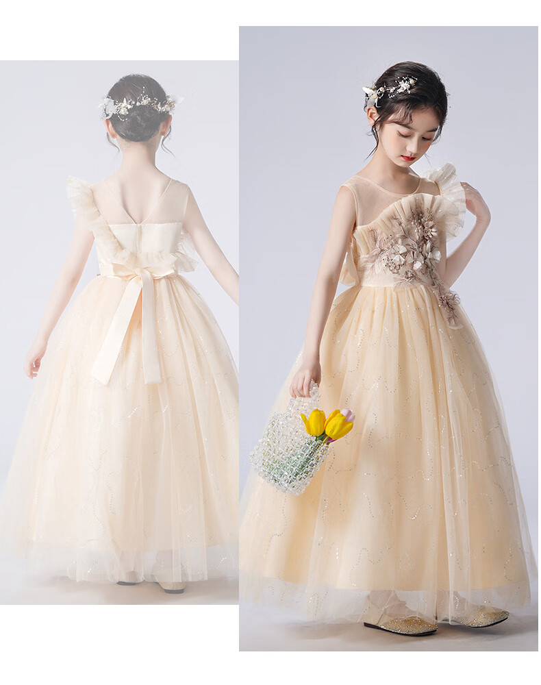 LUOBOBEIBEI Girls' Dress Princess Flower Girl Wedding Dress Piano New Year Dress Yellow Dress Size 130 16